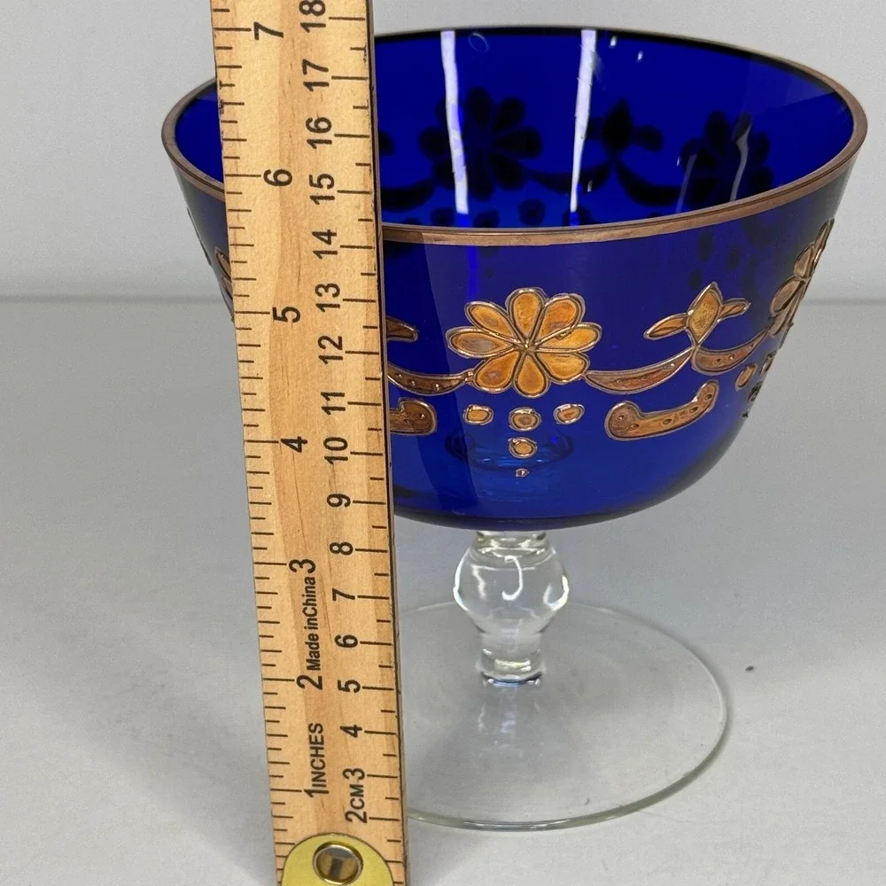 VTG Cobalt Blue Glass Compote Bowl Enamel Gold Gilt Pedestal Dish Candy Bohemian